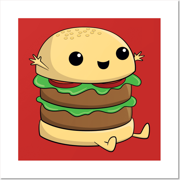 Cute, Kawaii, Cartoon Burger Wall Art by rideawavedesign